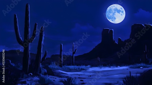 A moonlit desert with cacti silhouettes, deep indigo sky 