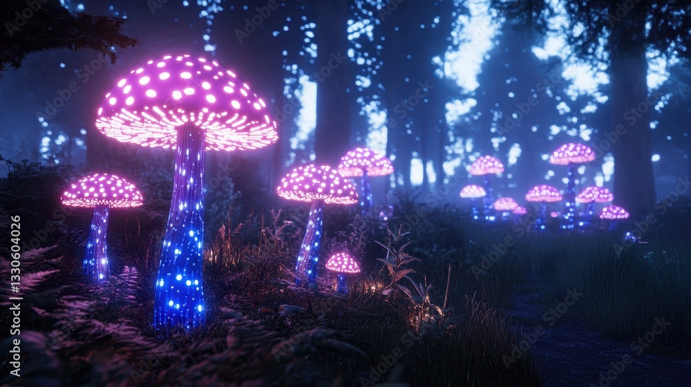 Fototapeta premium Enchanted Glowing Forest: A Mystical Night in a Fantasy Mushroom Grove