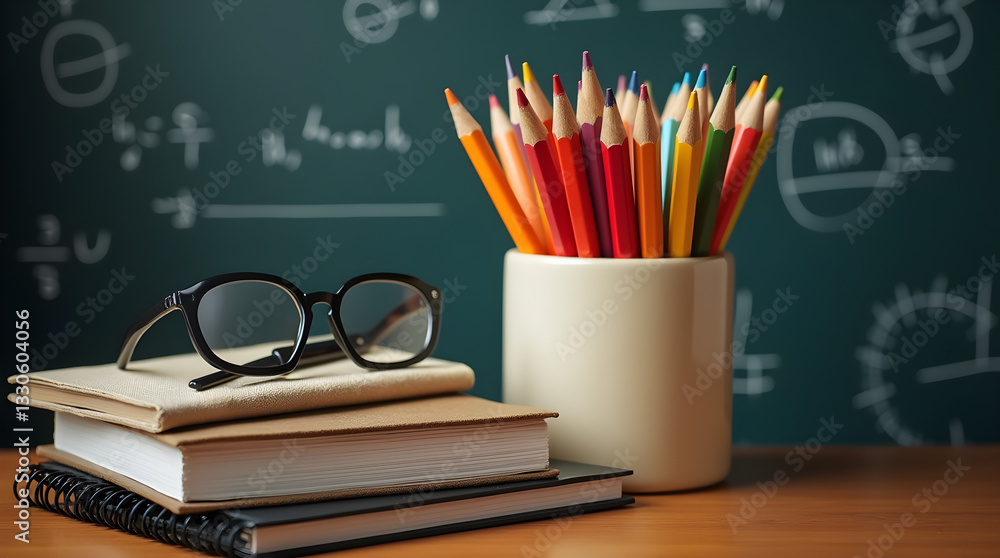 Educational Wooden Desk Still Life - Books Pencils Math Blackboard Glasses Educational Wooden Desk Still Life - Books Pencils Math Blackboard Glasses