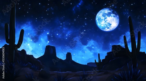 A moonlit desert with cacti silhouettes, deep indigo sky 