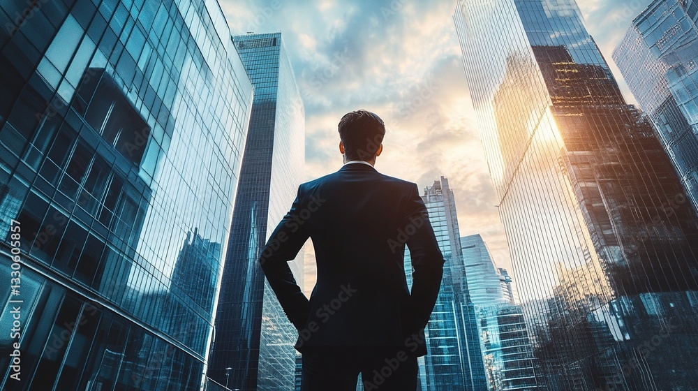 Businessman in Formal Suit Overlooking City Skyline at Sunset Businessman in Formal Suit Overlooking City Skyline at Sunset