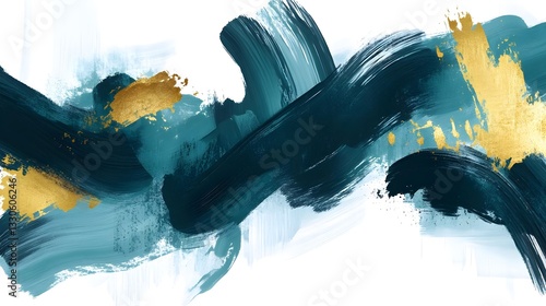 Abstract brush strokes in teal and gold, artistic chaos