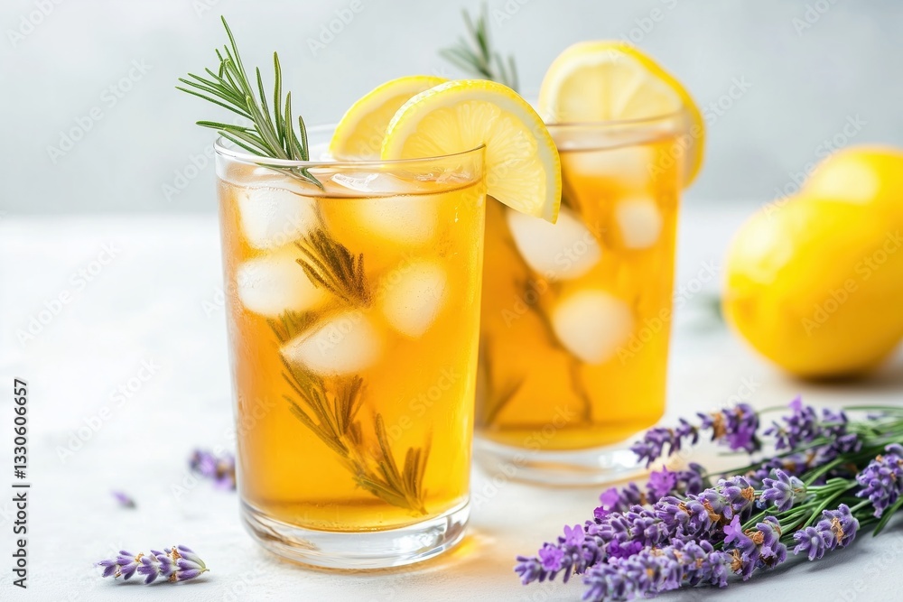 Refreshing iced tea with lemon and lavender garnishing served on a sunny day Refreshing iced tea with lemon and lavender garnishing served on a sunny day