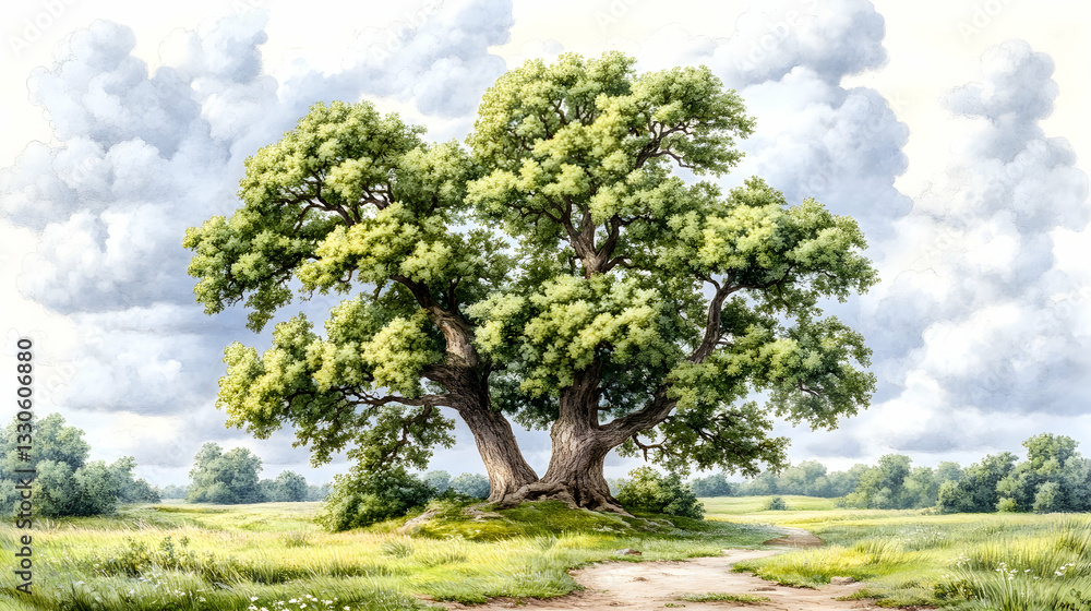 Lush summer landscape with a large oak tree Lush summer landscape with a large oak tree