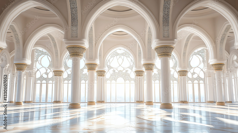 Obraz premium White columns supporting arches inside modern mosque