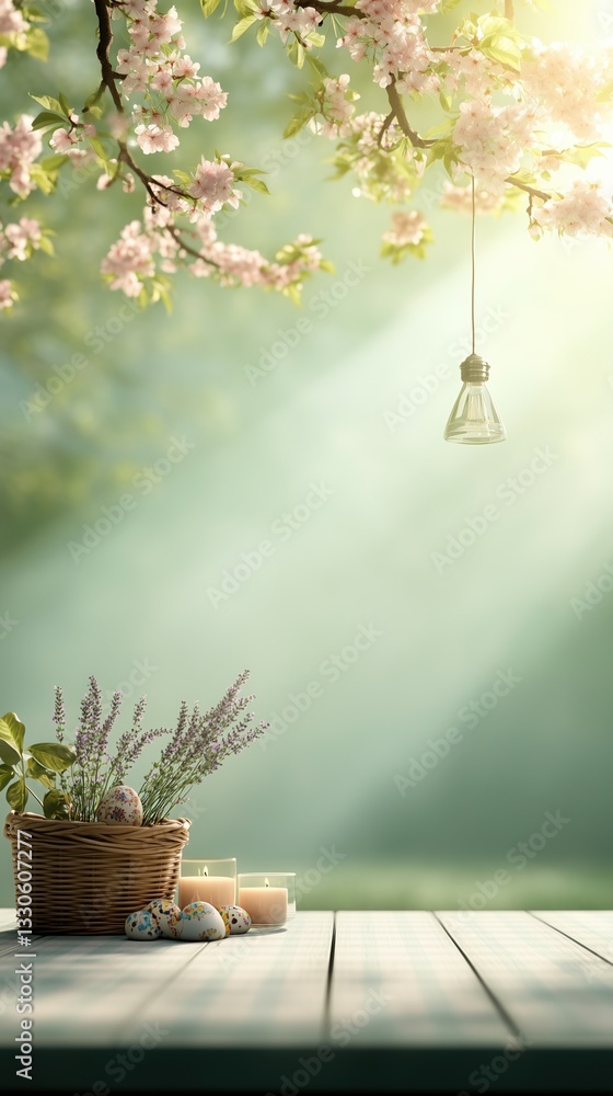 Fototapeta premium Spring day at a tranquil garden table with flowers and candlelight in soft sunlight