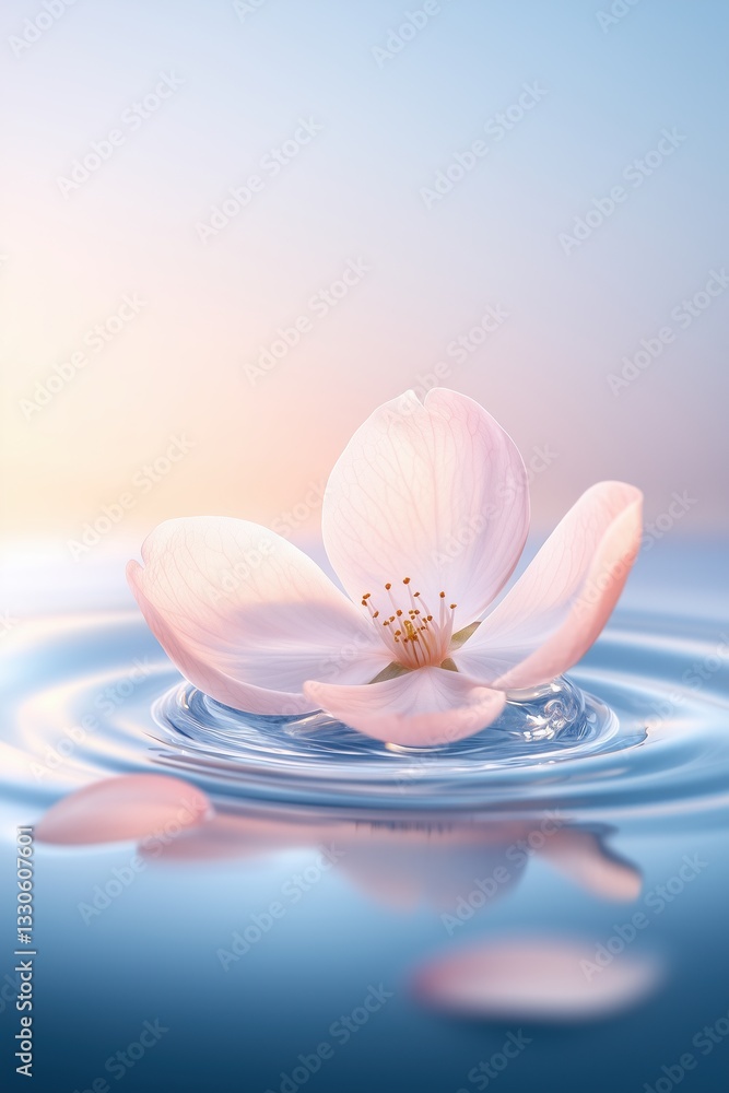 Delicate flower petal floats gently on tranquil water surface during soft sunrise light Delicate flower petal floats gently on tranquil water surface during soft sunrise light