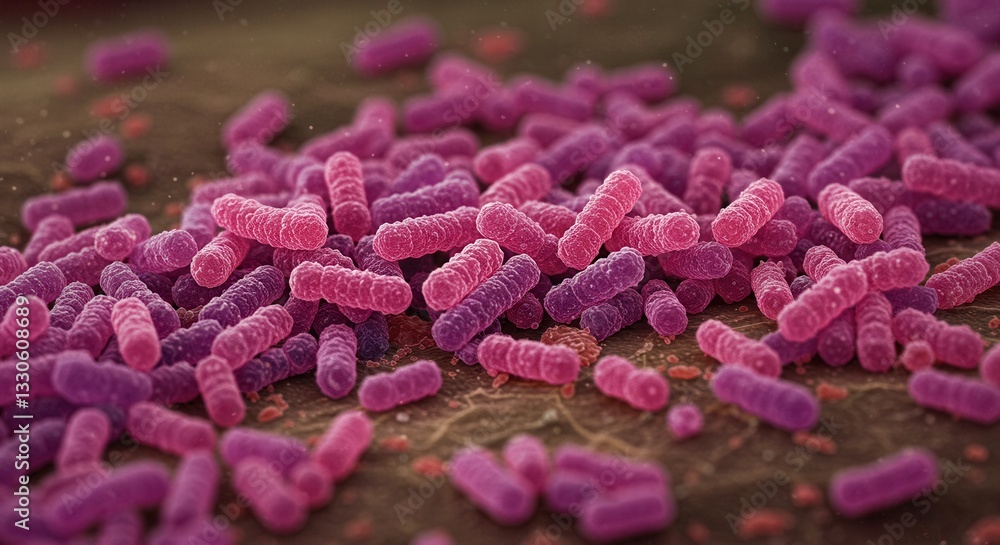 Obraz premium Microscopic View of Rod-shaped Bacteria Cells in Pink and Purple Tones