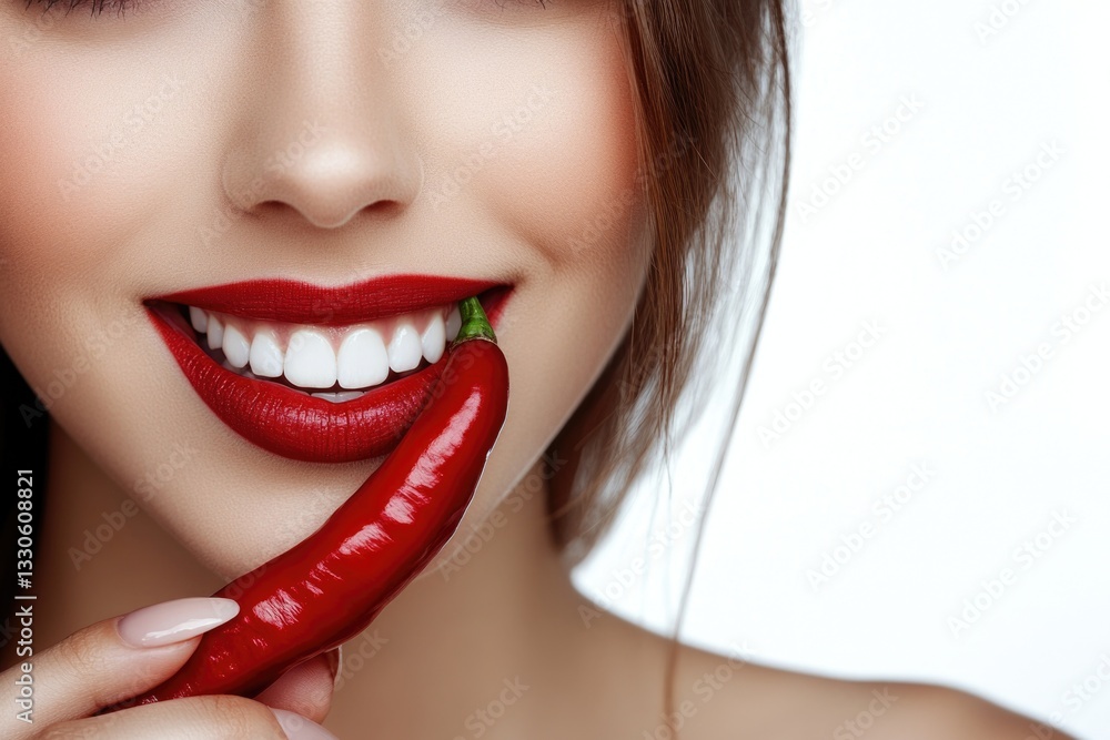 Flawlessly elegant female: radiant beauty, red burning pepper, captivating charm, lovely smile, white teeth, graceful features, alluring presence, delicate expression, mesmerizing appeal.