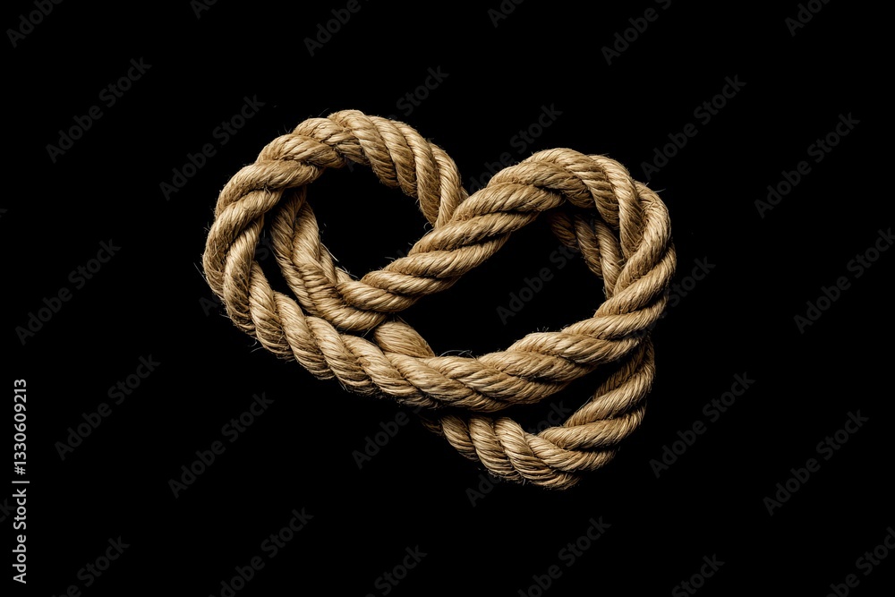 A rope with a heart-shaped knot, isolated on a black background A rope with a heart-shaped knot, isolated on a black background