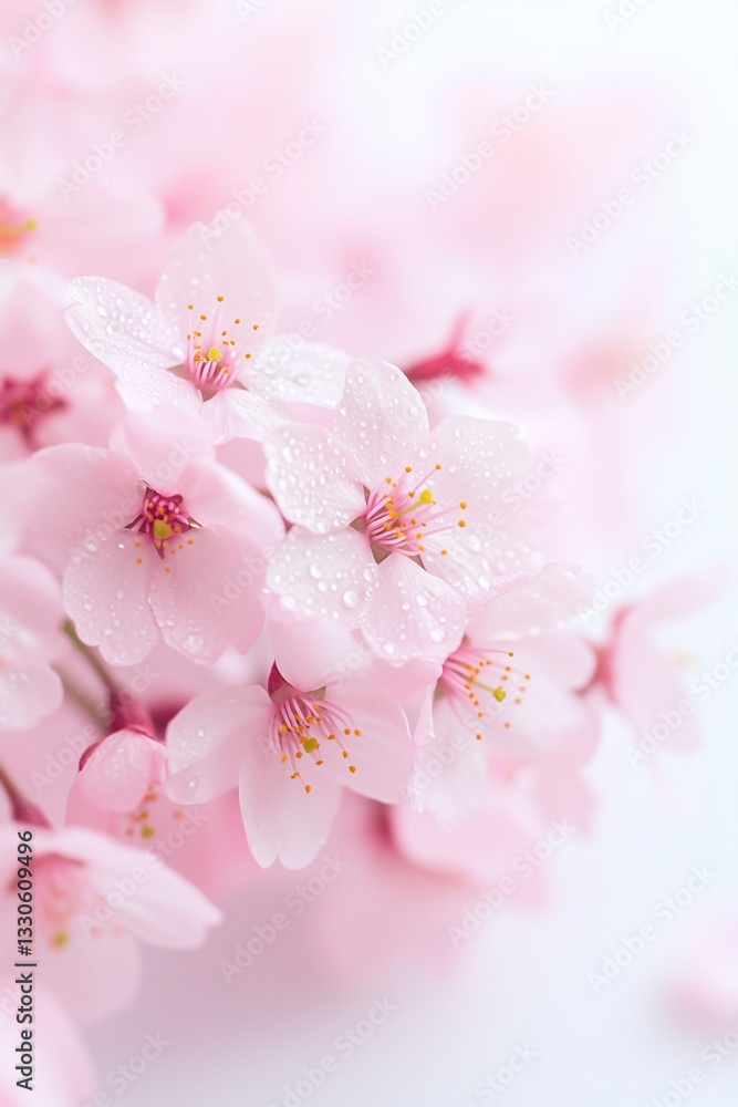 Beautiful blossoms of cherry flowers with delicate pink petals and raindrops glistening in soft light Beautiful blossoms of cherry flowers with delicate pink petals and raindrops glistening in soft light