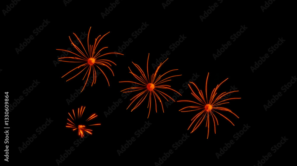 Orange Fireworks Display in Night Sky - Festive Radial Light Bursts on Black Orange Fireworks Display in Night Sky - Festive Radial Light Bursts on Black