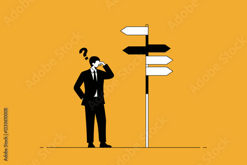 Illustration of a Businessman Confused by Direction Signs Against a Bright Yellow Background