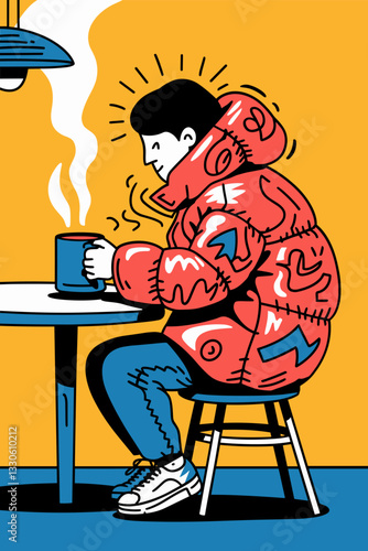 Illustration of a cozy figure in a red puffer jacket enjoying a warm drink, bright yellow background