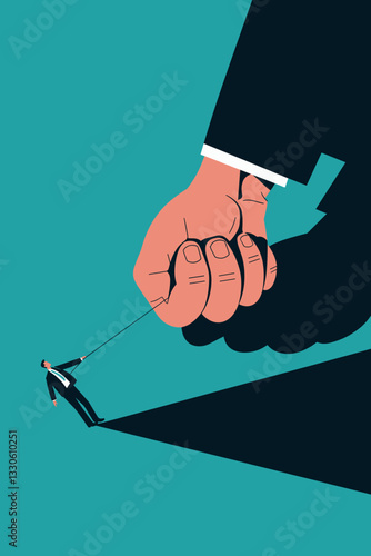 Vector illustration depicting a giant hand controlling a businessman, showcasing themes of power and manipulation