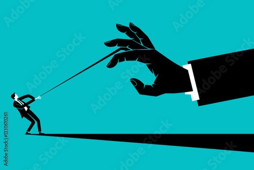 Stylized illustration of a businessman being pulled by a giant hand using a rope on teal background