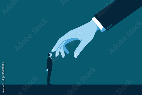 Conceptual illustration of a giant hand reaching for a businessman on a dark background, blue tones