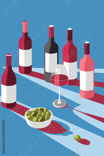 Stylized vector illustration of wine bottles and olives on a vibrant blue background with shadows