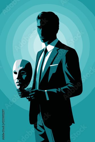 Stylized vector art of a businessman holding a mask, symbolizing duality and identity with a teal background