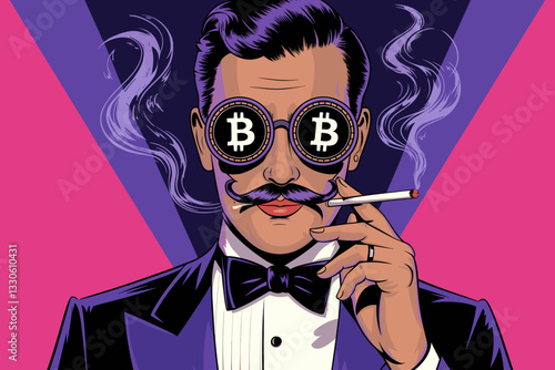 Stylish gentleman with Bitcoin glasses and a cigarette, vibrant purple and pink background