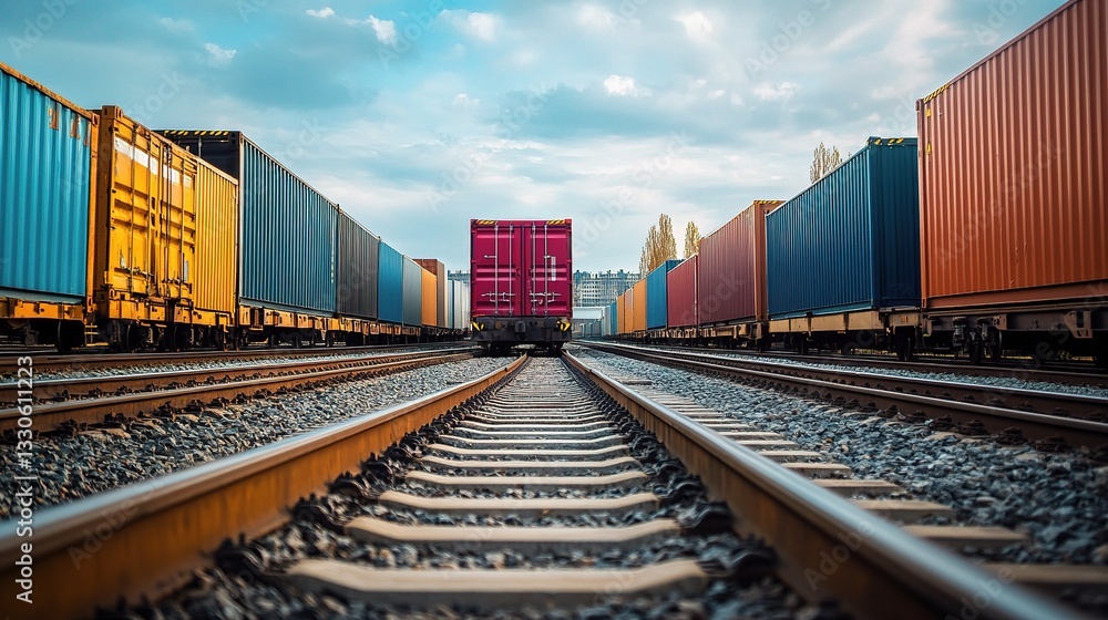 Fototapeta premium Industrial Warehouse with Freight Cars and Vibrant Container Colors