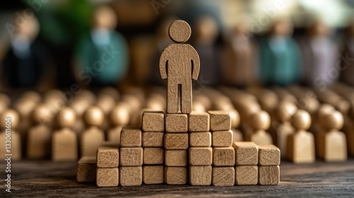 Wooden figure standing atop a staircase of blocks, symbolizing leadership and success.