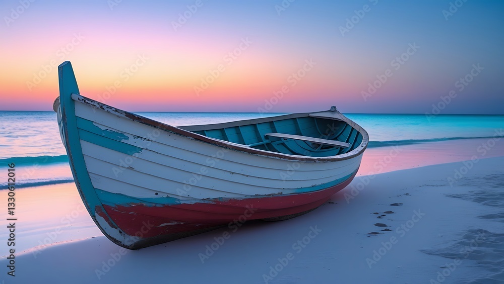 Fototapeta premium Calm Ocean Sunset with Beached Boat