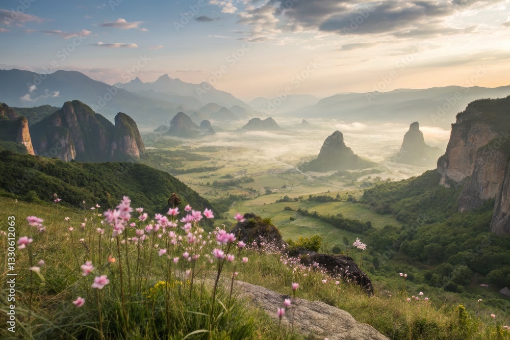 Fototapeta premium Scenic Valley Landscape with Flowers