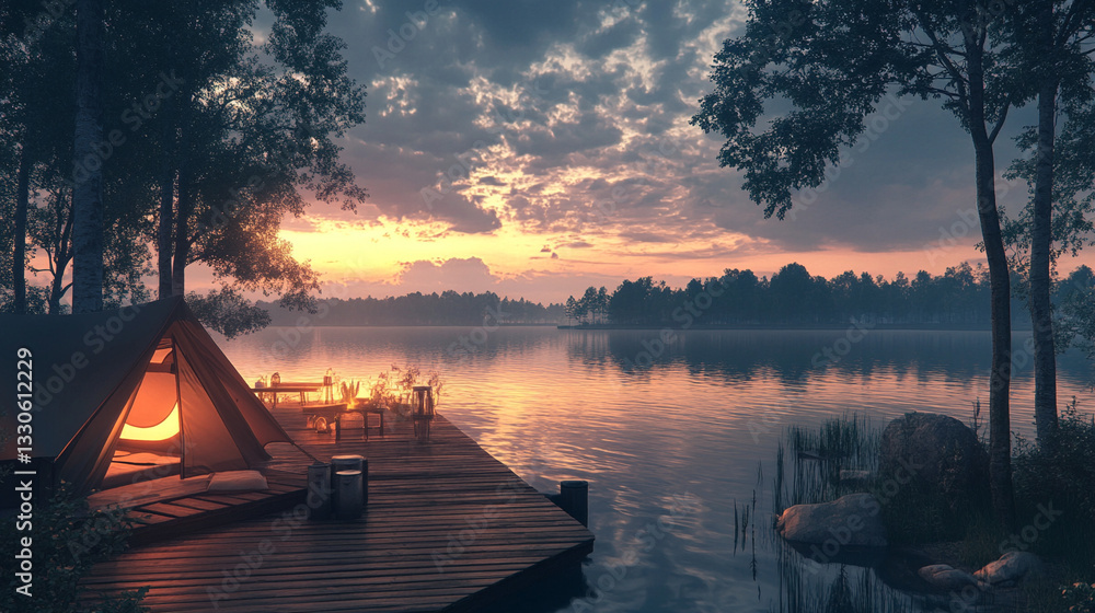 Sunrise Camping by a Serene Lake with Tents and Wooden Dock in Peaceful Natural Scenery.