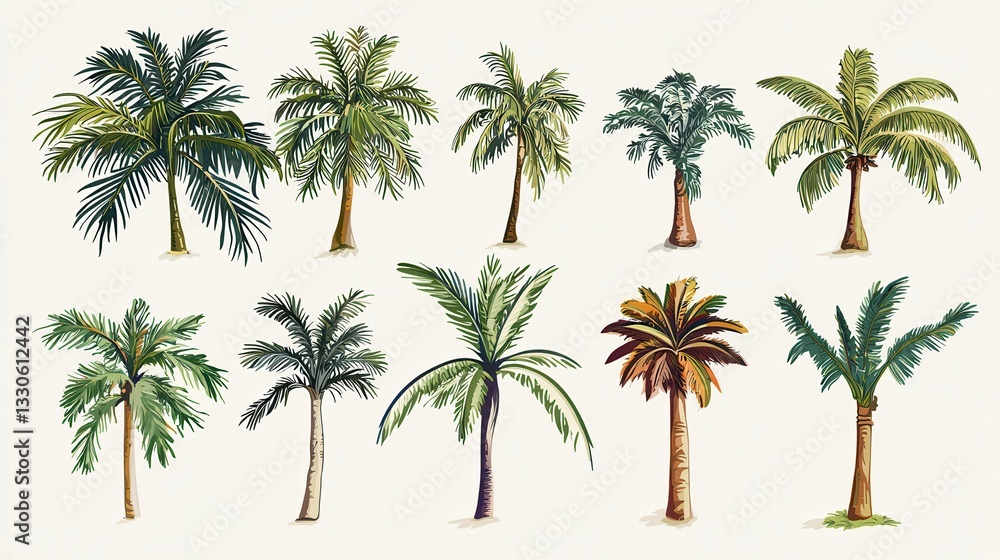 Obraz premium Colourful hand drawn palm tree. Retro tropical coconut trees, vintage miami palms vector illustration set. Tropical tree palm, green floral botanical 