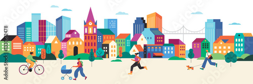 Colorful Urban Public Space. People Walking, Jogging, and Cycling in a City Square.