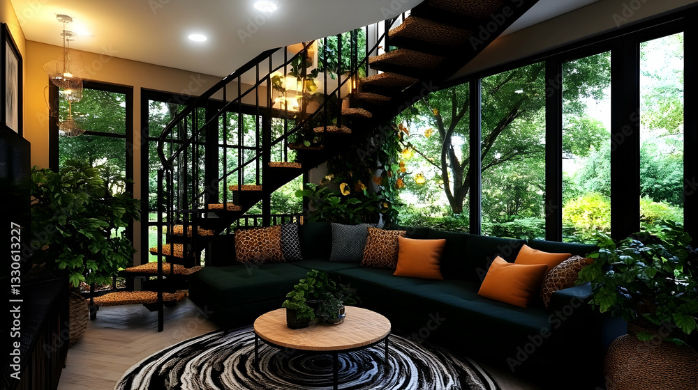 Fototapeta premium The modern, elegant living room's minimalist loft interior design features a neutral green sectional sofa, burnt orange accents, and abstract art.