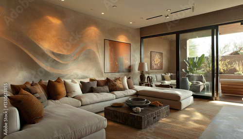 Wallpaper Mural A beautifully designed modern living room with textured walls featuring a subtle stucco-like finish. The soft, irregular patterns add depth and character, painted in a warm, neutral tone such as soft  Torontodigital.ca