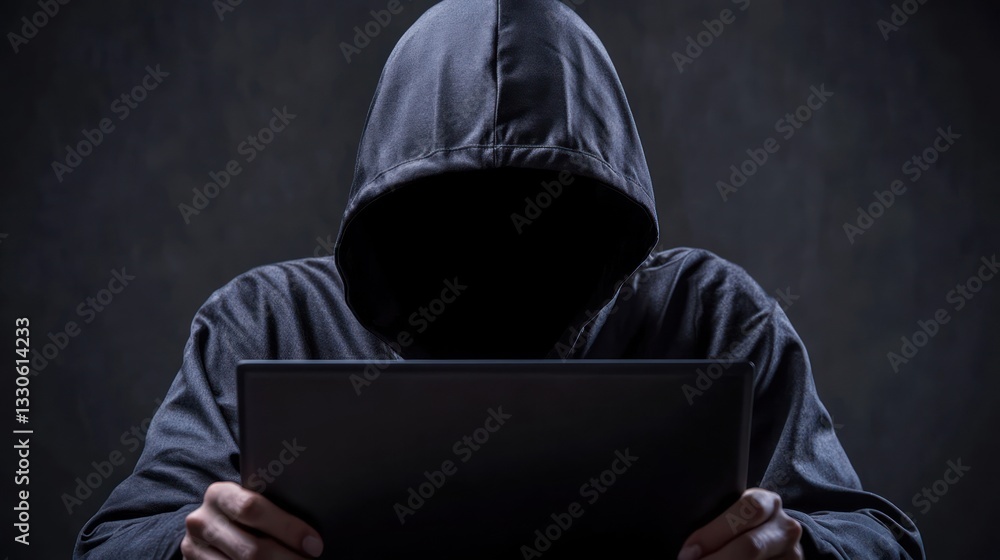 Mysterious Figure Engaged with Laptop in Dark Space Mysterious Figure Engaged with Laptop in Dark Space