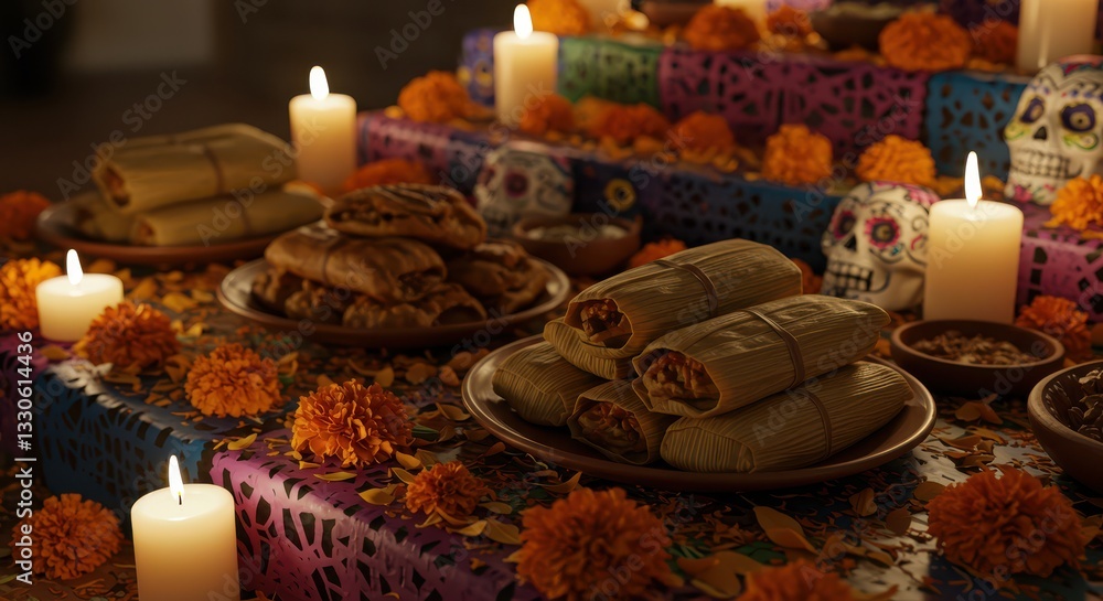 Fototapeta premium Arrangement of Traditional Food, Candles, and Decorative Items for Celebration