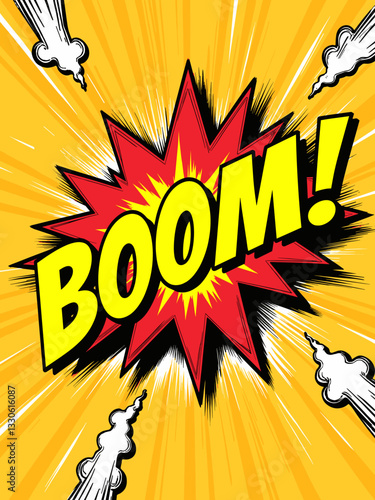 Energetic comic explosion with "BOOM!" text, vibrant pop art style