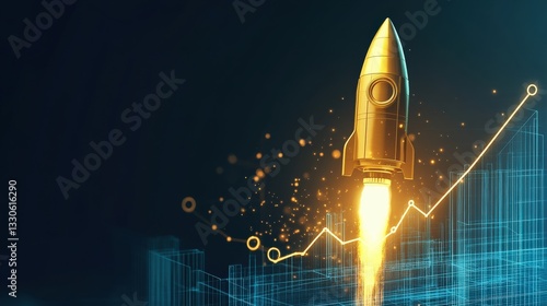 A futuristic image depicting a golden rocket soaring upward, surrounded by a digital background that symbolizes growth, progress, and innovation in technology today.