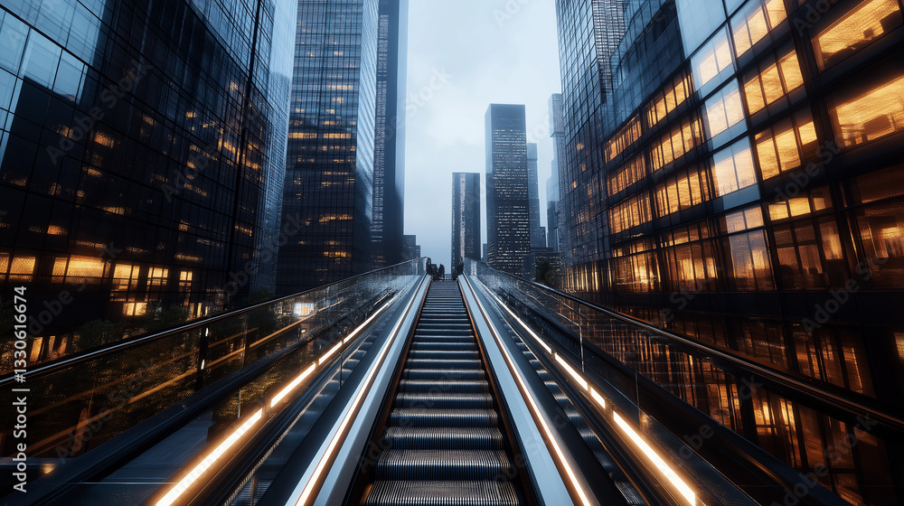 Fototapeta premium Moderne Rolltreppe führt in gläserne Bürogebäude bei Dämmerung