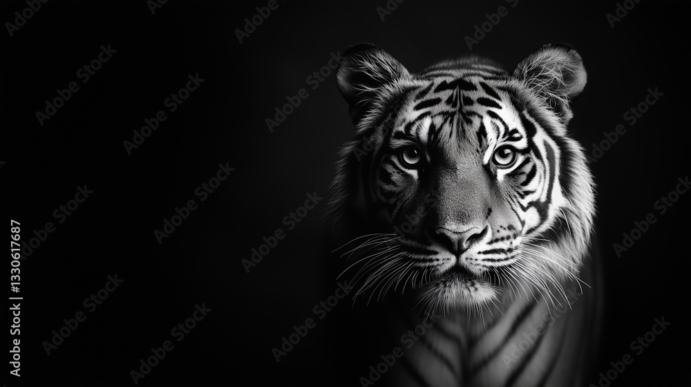 Fototapeta premium A visually compelling poster featuring an endangered animal, such as a tiger, in a monochrome minimalist style. The tiger’s piercing eyes glow, representing the urgency of species conservation. The b