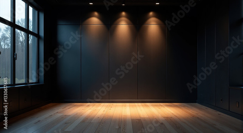 Empty modern room with dark walls, wooden floor, and large window. Ideal for showcasing products or creating a mood.