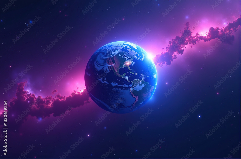 Obraz premium Stunning cosmic view of Earth from space, surrounded by vibrant purple and pink nebula clouds. Perfect for science, fantasy, or space-themed projects.