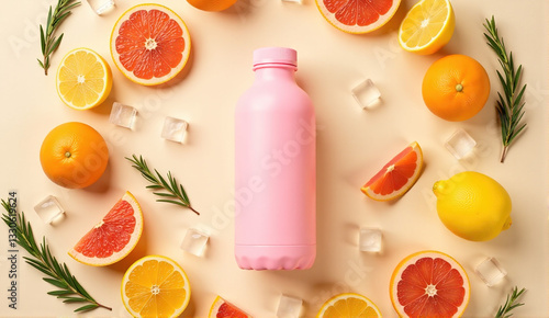 Pink bottle surrounded by citrus fruits and ice cubes. Flatlay composition with rosemary sprigs. Perfect for summer drink advertisement. photo