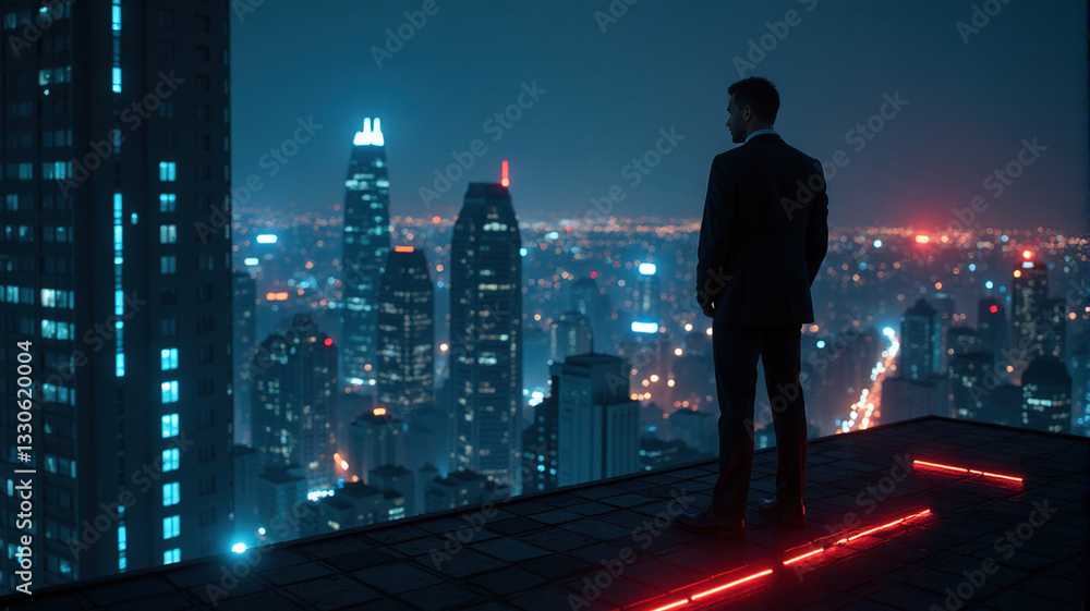 Fototapeta premium Silhouette of a businessman looking at a beautiful night cityscape. Perfect for business, success, and future concepts.