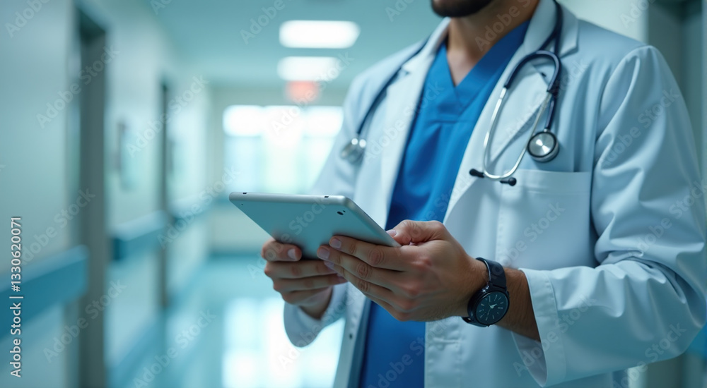 Close-up of a doctor using a tablet computer in a hospital corridor. Image ideal for medical, healthcare, and technology websites or publications. Close-up of a doctor using a tablet computer in a hospital corridor. Image ideal for medical, healthcare, and technology websites or publications.