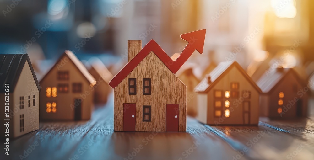 custom made wallpaper toronto digitalDynamic Real Estate Growth Concept with Wooden Houses and an Upward Arrow Symbolizing Increase in Property Value and Market Potential