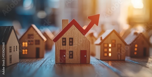 Dynamic Real Estate Growth Concept with Wooden Houses and an Upward Arrow Symbolizing Increase in Property Value and Market Potential