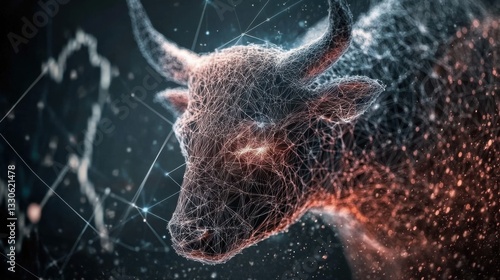 An intricately designed abstract bull emerges from a mesh of data connections, symbolizing the interconnectivity of market trends and digital innovation.