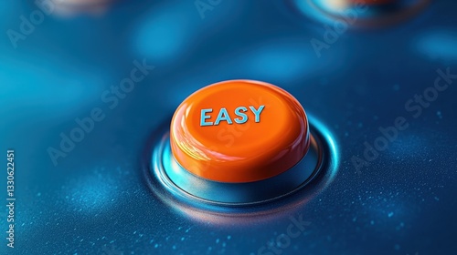 The bright orange easy button contrasts dynamically with the abstract blue background, symbolizing simplicity and user-friendliness in a modern technological context.