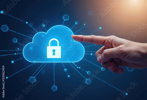 Hand pointing at a glowing cloud with a lock icon, symbolizing secure cloud computing and data protection. photo