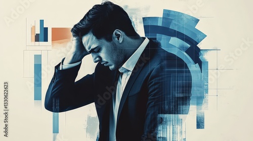A stylized male figure in a suit expresses stress, capturing the emotional weight of modern business life in a graphic manner, symbolizing the struggles faced by professionals today.